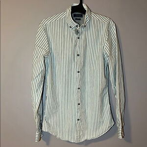 Zara Man Grey & White Striped Slim Fit Button Up Business Casual Shirt - S